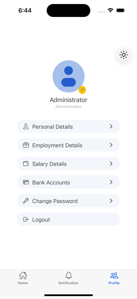 ECM MetricS app profile screen showing user settings and HR details