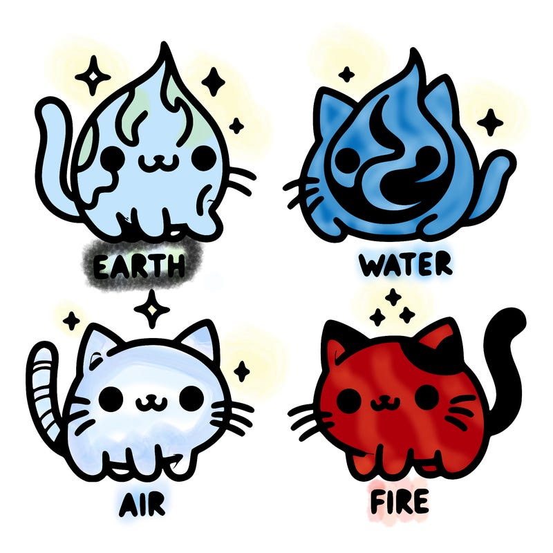 4 cats that represent the different elements, earth, water, air, and fire