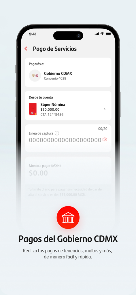 Pantalla de la aplicación móvil Santander SuperMóvil mostrando el proceso de pago de servicios del gobierno de la Ciudad de México como impuestos y multas.