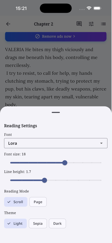 CrushNovels - Reading settings menu in CrushNovels app showing font theme and layout customization options