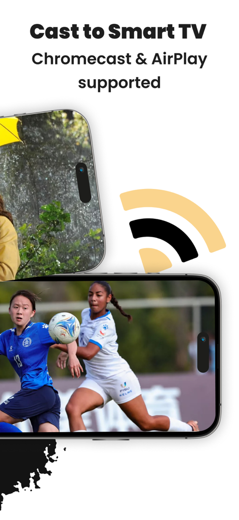 Smart IPTV Player App-Oberfläche, die Live-Sport-Streaming und Unterstützung für Chromecast- und AirPlay-Casting auf Smart-TVs zeigt