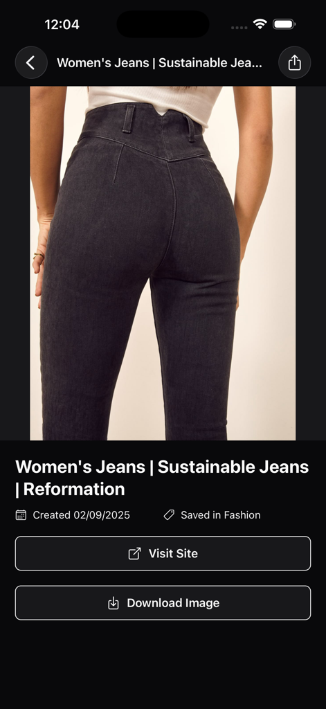 Pinx for Pinterest - A full-screen preview of a fashion pin within the Pinx for Pinterest app using dark mode.