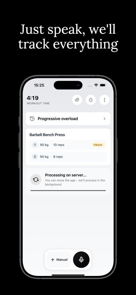 Liftly app interface showing voice activated gym logging and barbell bench press sets