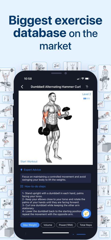 Fitness Planner Gym app interface showing dumbbell hammer curl instructions with muscle highlighting and step-by-step guide
