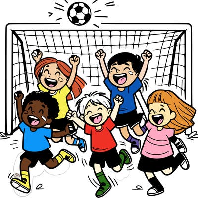 children group of players celebrating a goal together.