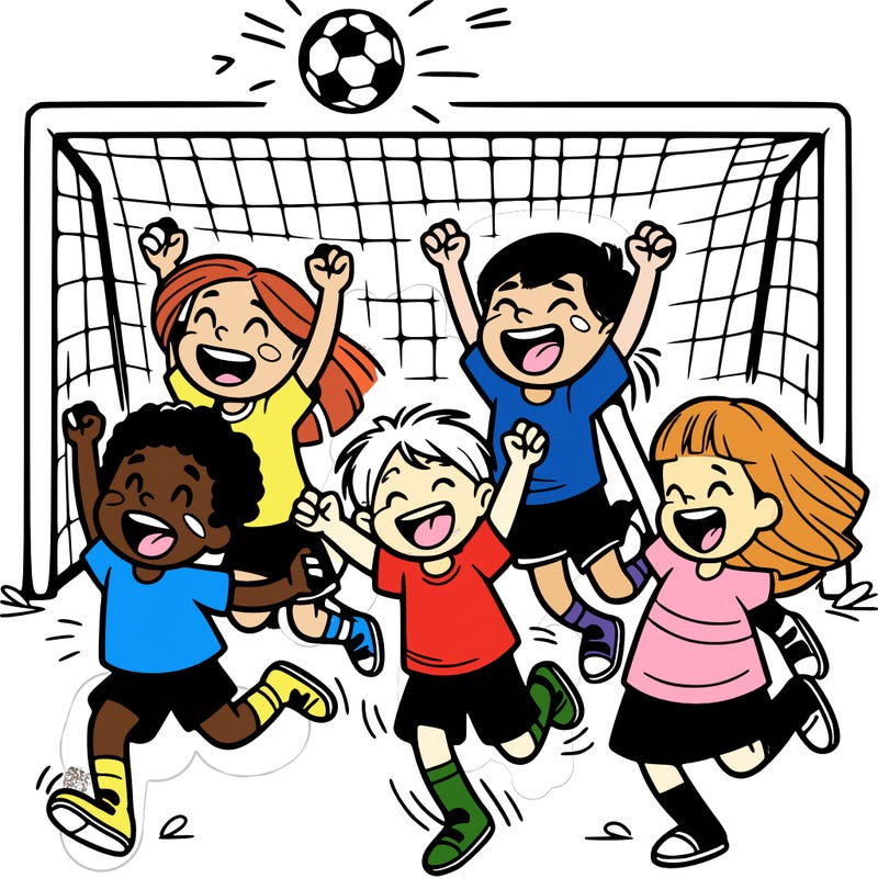 children group of players celebrating a goal together.