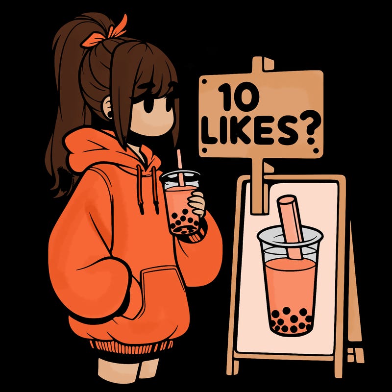girl with oversized hoodie drinking boba and she has a high ponytail with a sign that says 10likes?