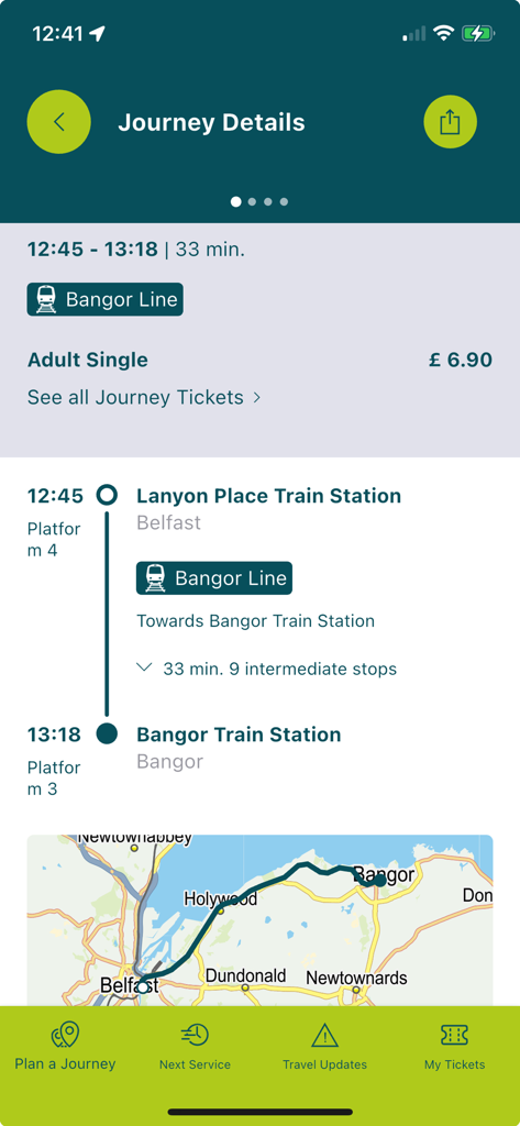 Translink Planner - A screenshot of the Translink Planner app displaying train journey details from Belfast to Bangor with a map.