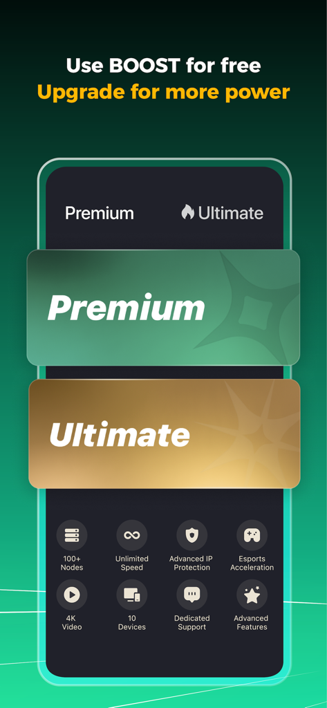 BOOST VPN upgrade screen showing Premium and Ultimate subscription tiers with features like Esports Acceleration and 4K Video.