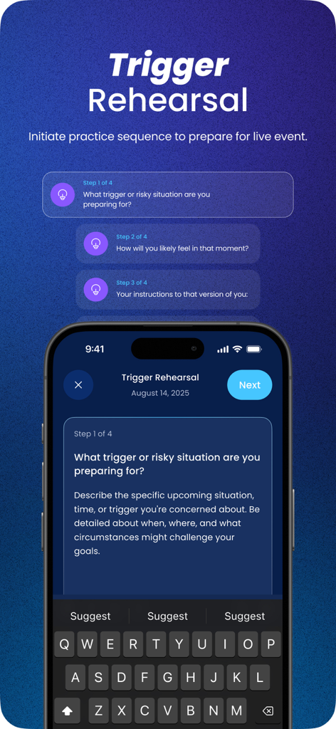 Overcome Lust: Rewire - La interfaz de Ensayo de Desencadenantes en la aplicación Overcome Lust Rewire utilizada para la preparación de la recuperación de adicciones.