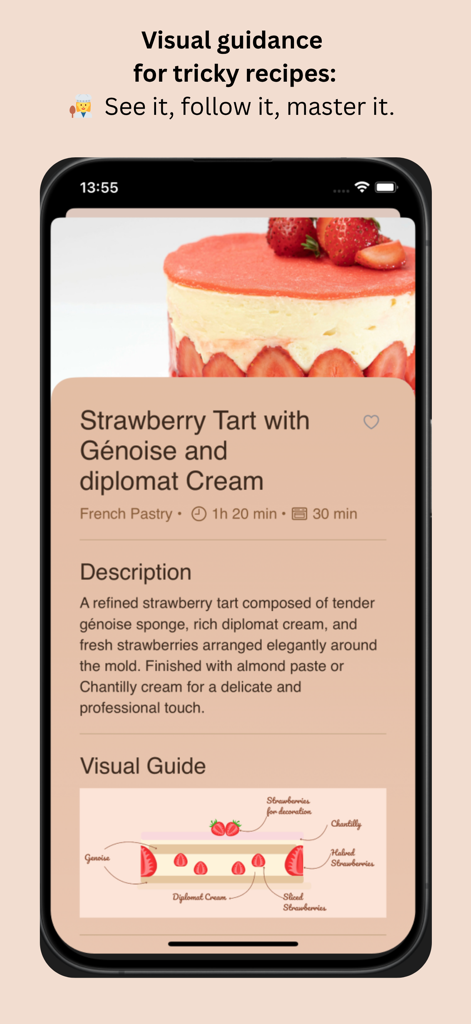 Pastry Recipes - Strawberry tart recipe with a cross-section visual guide on a mobile screen.