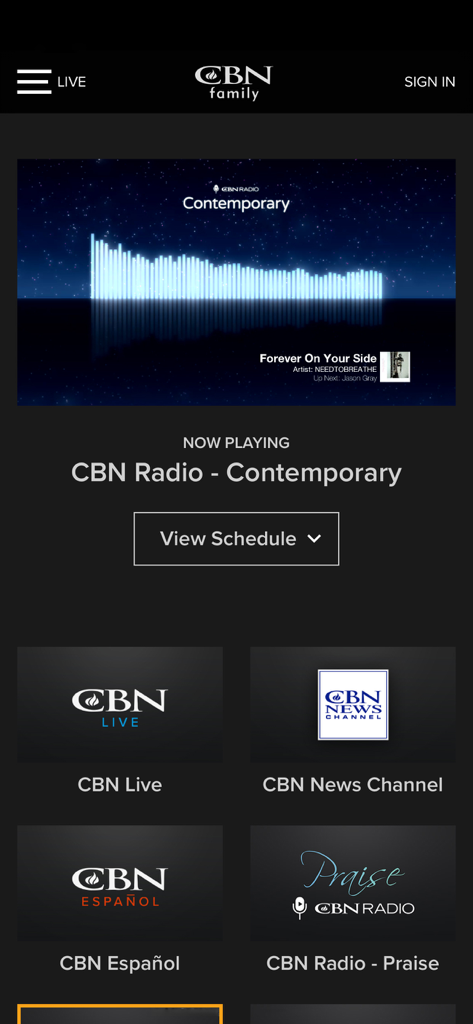 CBN Family - Videos and News - Interface of the CBN Family app featuring live radio streaming and various Christian TV channels