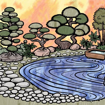a serene zen garden with raked gravel, bonsai trees, and tranquil ponds