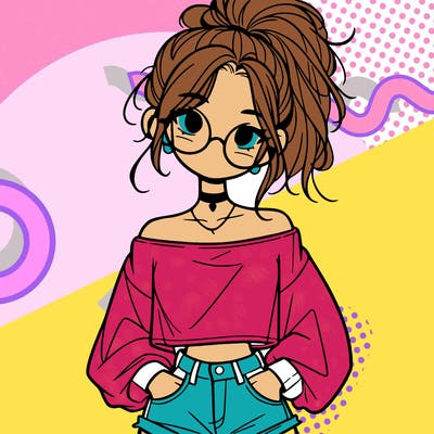 girl with a messy ponytail glasses a baggy crop top and jean shorts