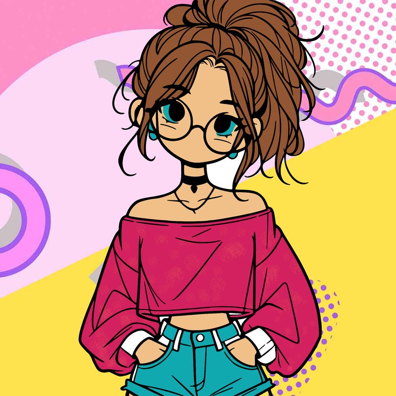 girl with a messy ponytail glasses a baggy crop top and jean shorts