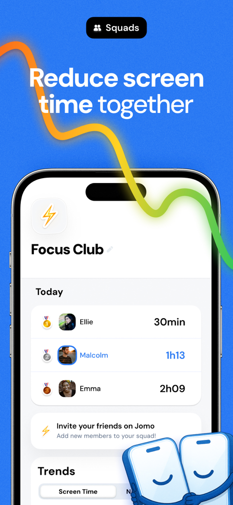 A social leaderboard in the Jomo app called Focus Club showing screen time statistics for a group of friends.