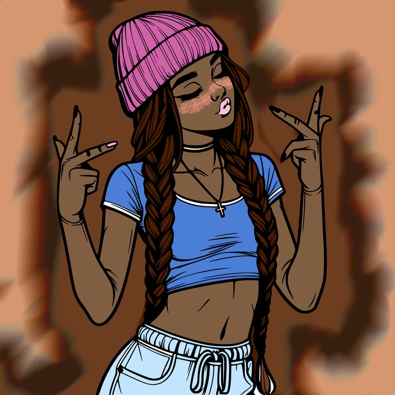 realistic teenage girl with braids and a beanie and crop top doing 🫶🏼