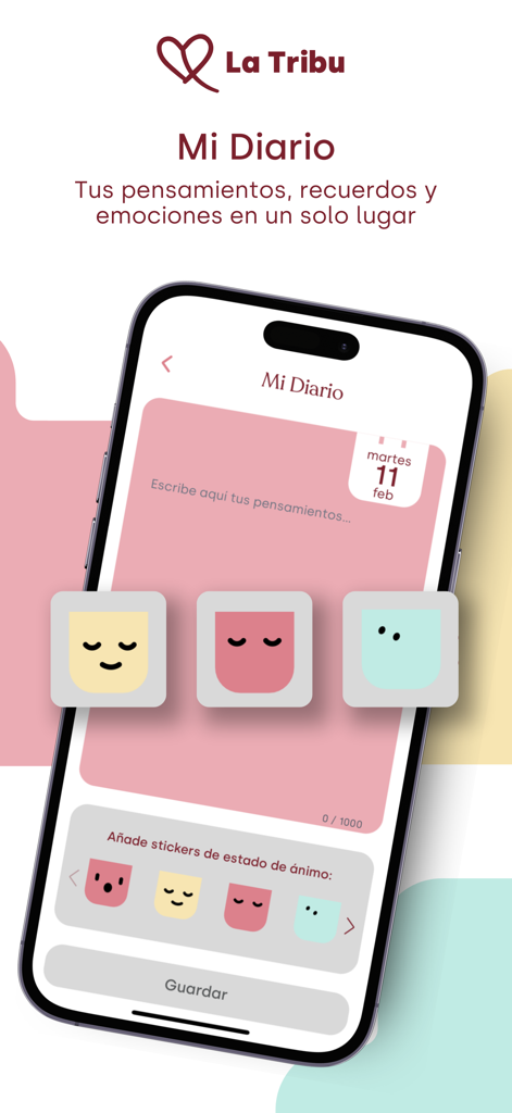 La Tribu de Lucía mi pediatra - La funzione Mi Diario in La Tribu app mostra un diario digitale con inserimento di testo e adesivi per l'umore per i genitori.