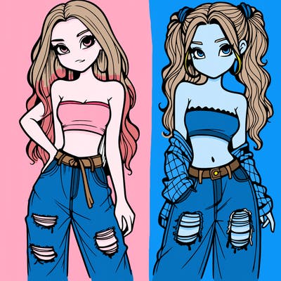 2 girls in crop tops and baggy jeans ripped