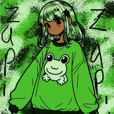 girl wearing frogging sweatshirt