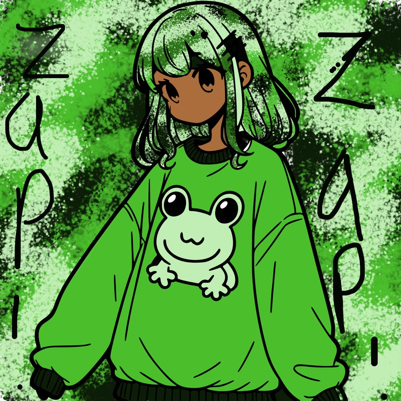 girl wearing frogging sweatshirt