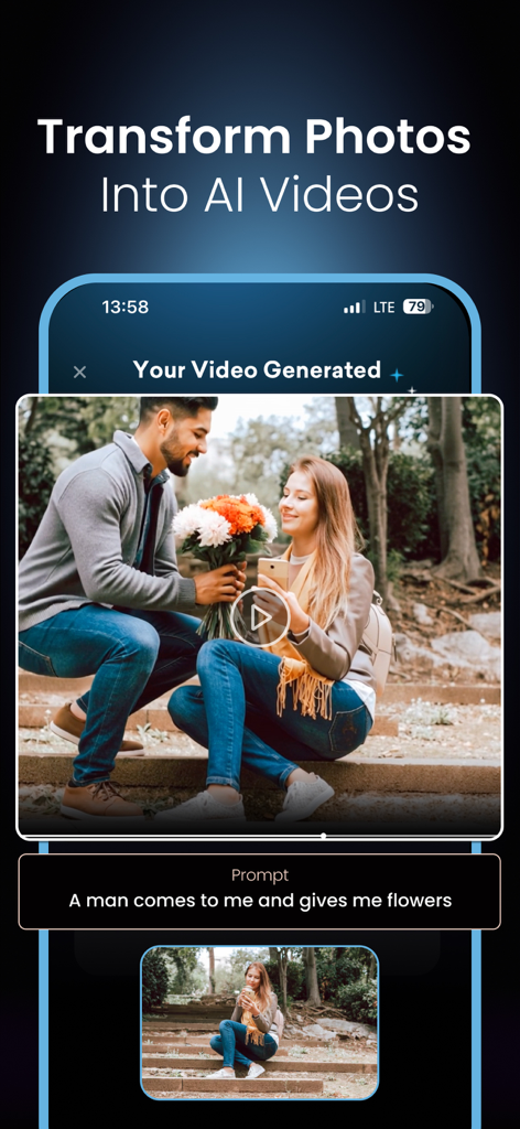 Vimo AI mobile app screen showing how to transform a static photo into an AI generated video of a man giving flowers