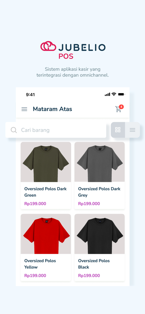 Jubelio POS - Jubelio POS mobile app interface displaying a product catalog for retail business management and omnichannel inventory tracking.