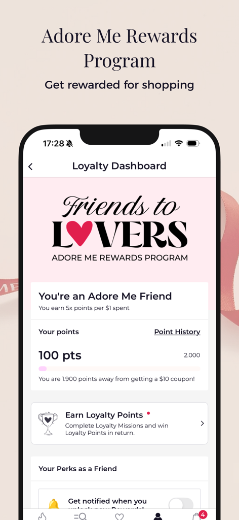 Painel do programa de recompensas Adore Me mostrando pontos de fidelidade e status de associação.