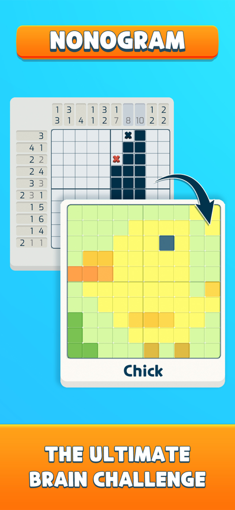 1001 Brain Zen Puzzles - A completed nonogram puzzle showing a yellow chick picture in the 1001 Brain Zen Puzzles app