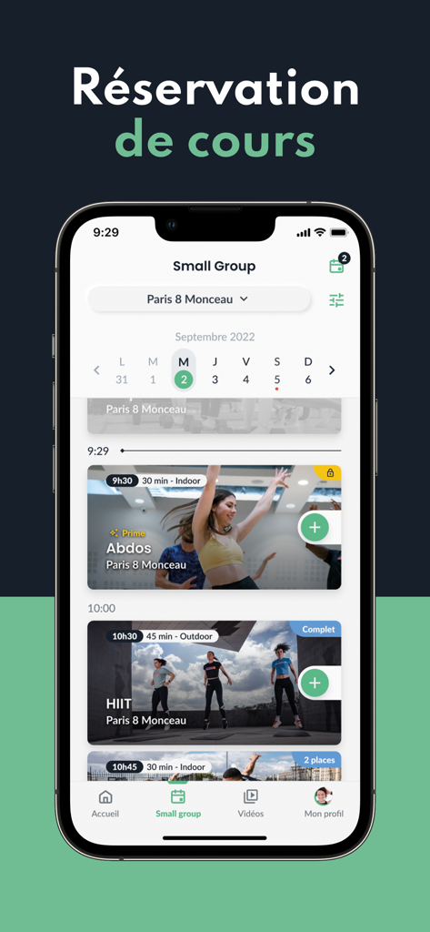 Keepcool mobile app interface showing a schedule for booking small group fitness classes like HIIT and abs workouts at a gym.