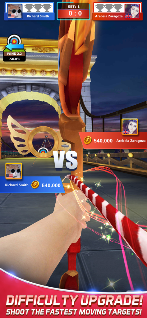 Archery Elite™ - Shooting King - Archery Eliteでの1v1アーチェリー競技を一人称視点で捉えた画像。特殊な弓と移動する的が特徴。
