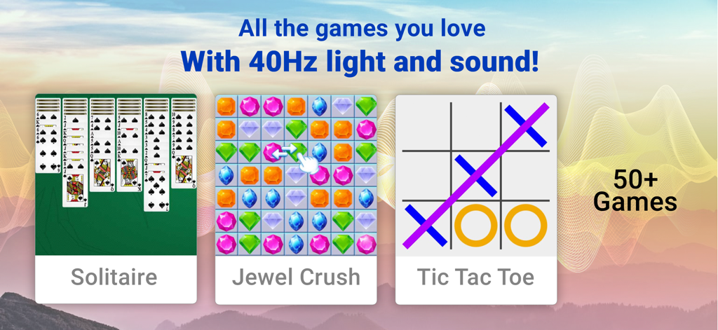 40Hz Brain Trainer - AlzLife - Promoción de más de 50 juegos cerebrales, incluyendo Solitario y Tres en Raya, con estimulación de luz y sonido de 40Hz.