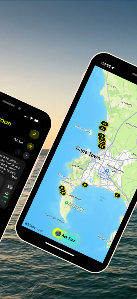 GoSalty – Kitesurf Playbook - A smartphone screen displaying a kitesurfing spot map of Cape Town with wind speed markers and an AI assistant button.