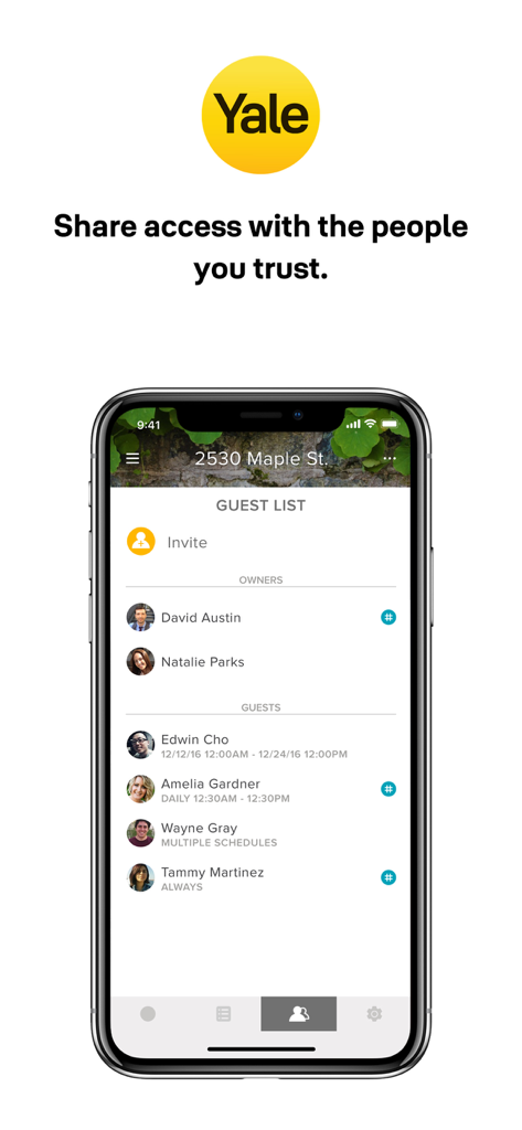 Yale Access - Yale Access App-Bildschirm mit einer Liste von Benutzern und Gästen mit geplantem Zugang zu einem Smart Lock