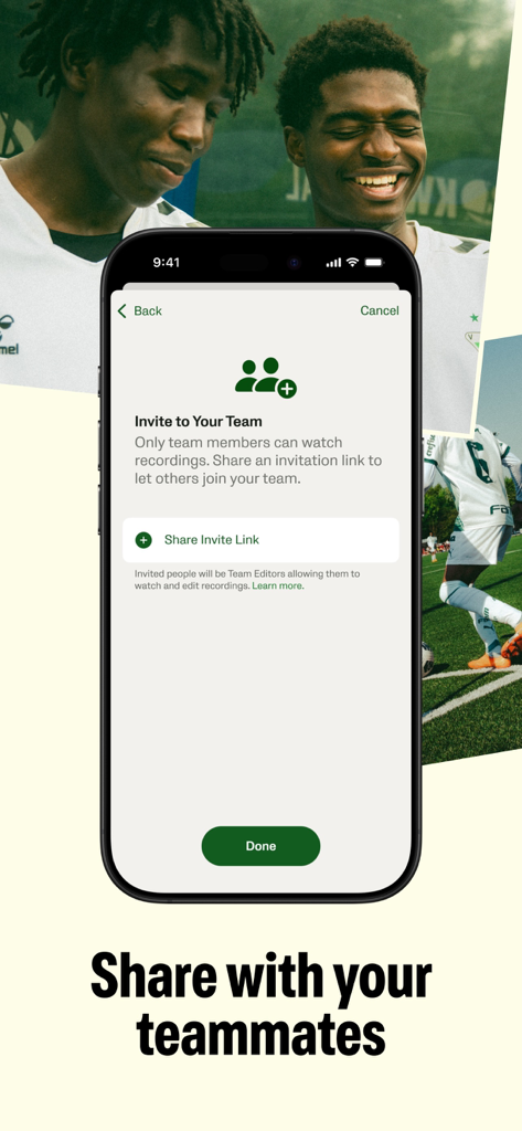 Veo Go app interface showing how to invite teammates and share soccer game recordings.