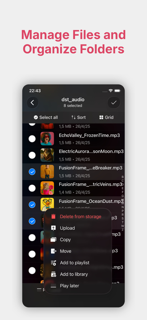 Interface do gerenciador de arquivos Evermusic Pro mostrando uma lista de arquivos mp3 e um menu de ações com opções como excluir, copiar e mover