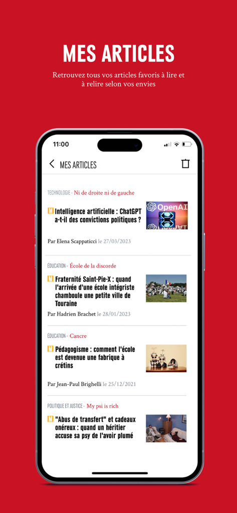 Marianne - Actualités & Débats - Capture d'écran de l'application mobile Marianne montrant la section Mes Articles avec une liste d'actualités sauvegardées.