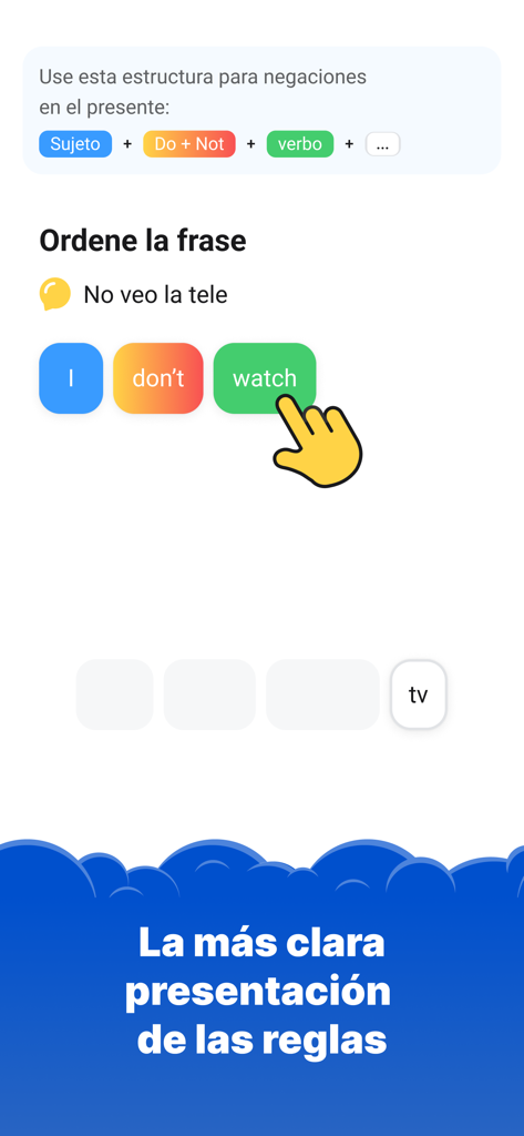 Simpler: English learning app - Exercice de grammaire anglaise interactif dans l'application Simpler pour les apprenants espagnols