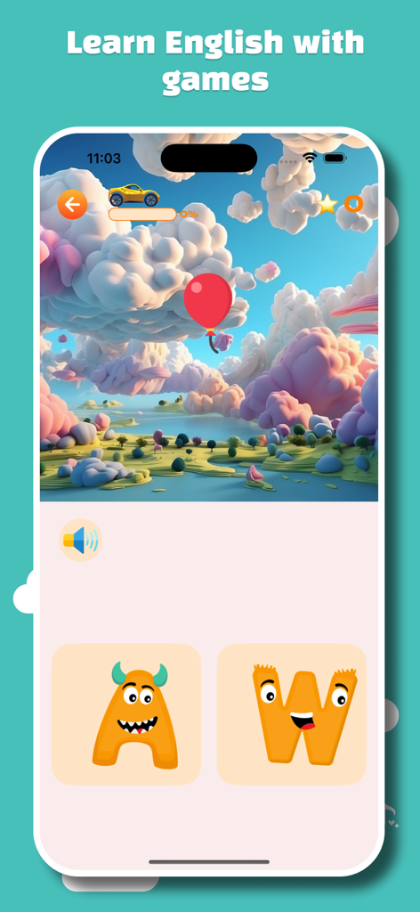 King English Kids - King English Kids app screenshot showing an interactive alphabet learning game with monster letters