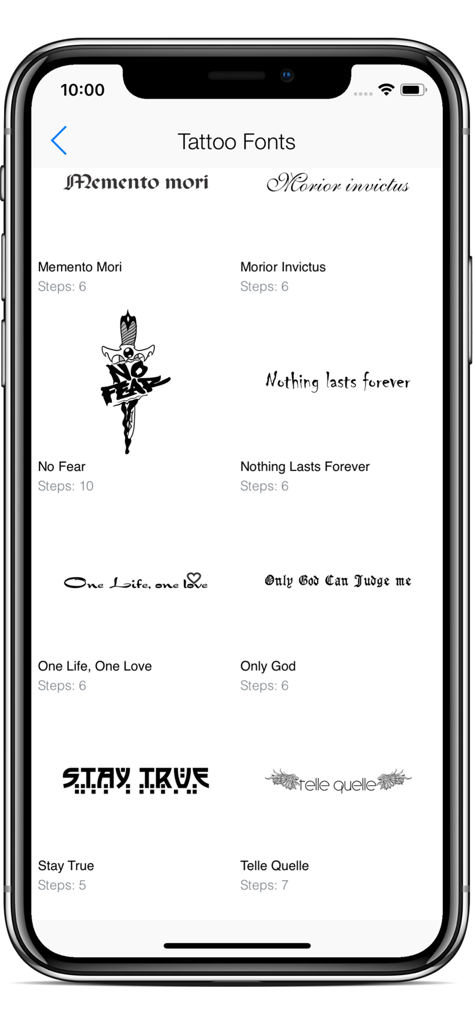 Draw Tattoo - Full Version - Visualização em grade de vários estilos de fonte de tatuagem e designs de letras no aplicativo Draw Tattoo.