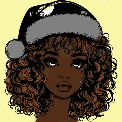 realistic girl with a santa hat curly hair and lips