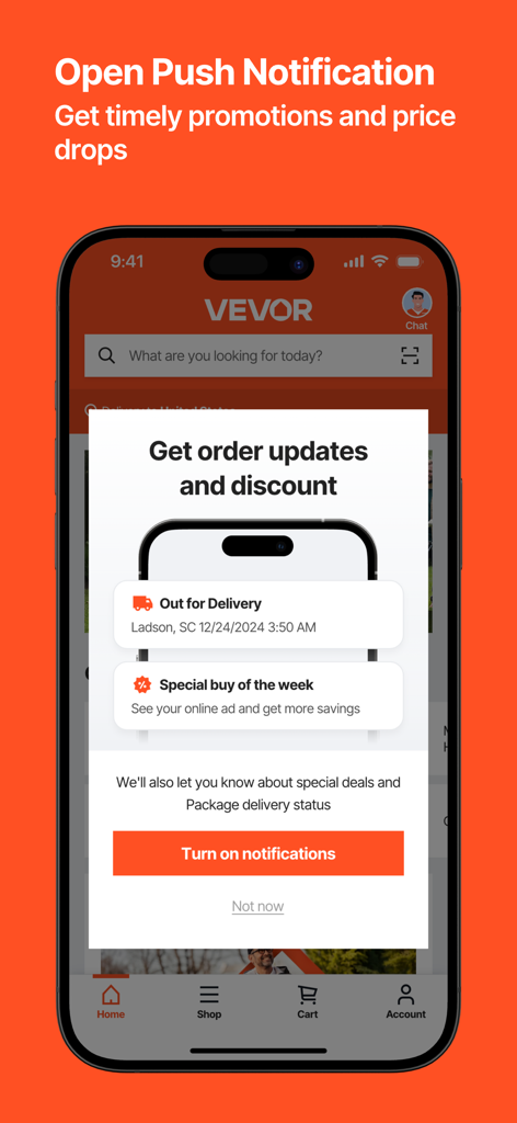 VEVOR app screen prompting users to enable push notifications for order updates and exclusive discounts