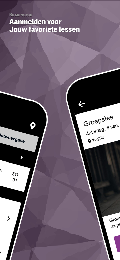 YogiBit - Two mobile phones showing the YogiBit app interface for booking yoga classes and viewing studio schedules.