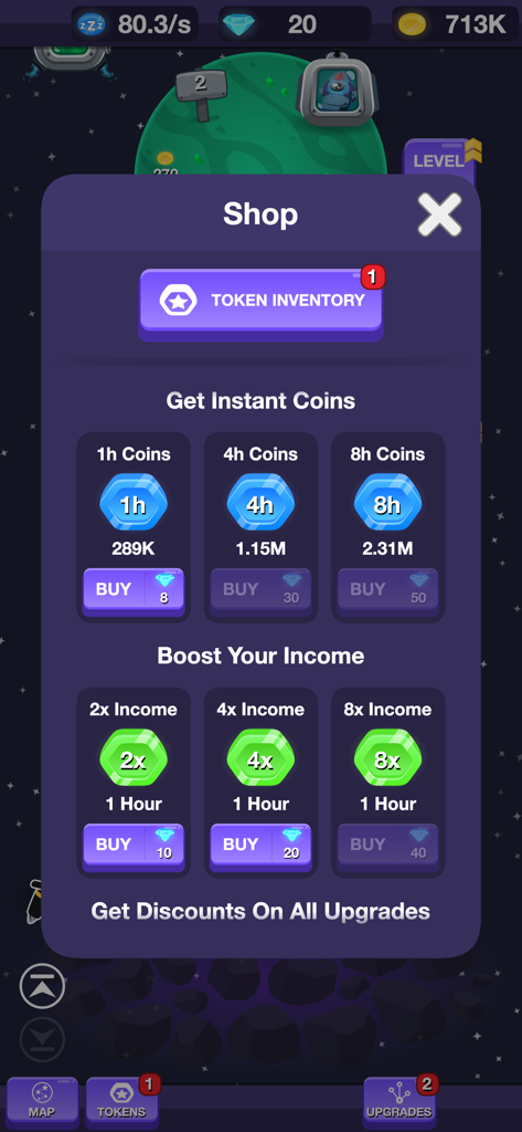 Planet Miner FRVR - La pantalla de la tienda del juego en Planet Miner FRVR mostrando opciones de compra de monedas instantáneas y potenciadores de ingresos usando diamantes