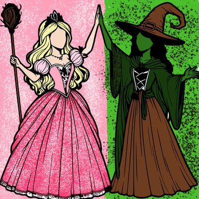 detailed realistic split of a princess and a witch
