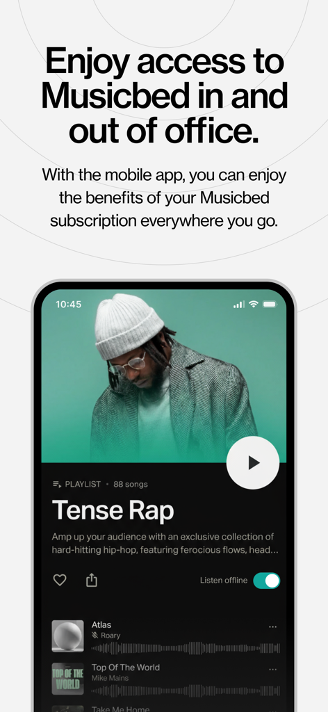 Musicbed mobile app showing a Tense Rap playlist with tracks and offline listening options