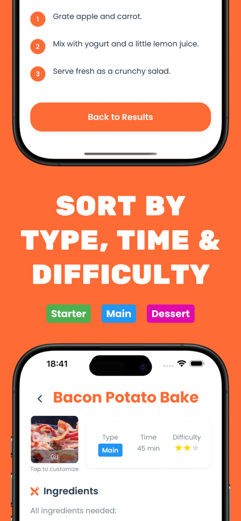 Mobile app interface showing recipe sorting options by meal type cooking time and difficulty level