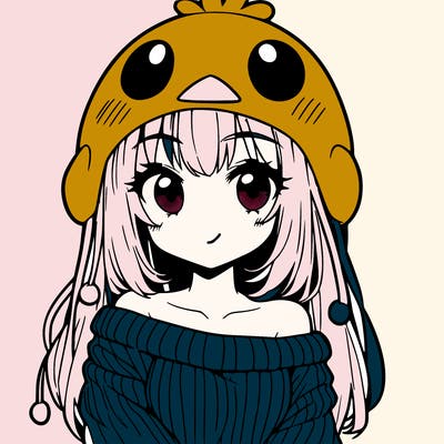 anime girl with chick shaped hat with sweater with bare shoulders with bangs covering them one eye with low tail