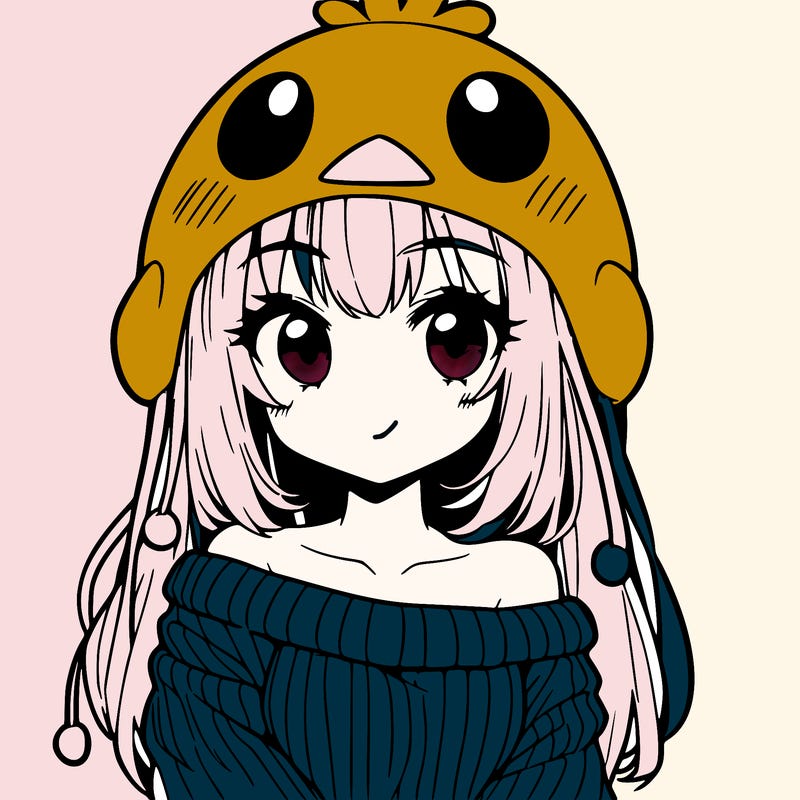 anime girl with chick shaped hat with sweater with bare shoulders with bangs covering them one eye with low tail