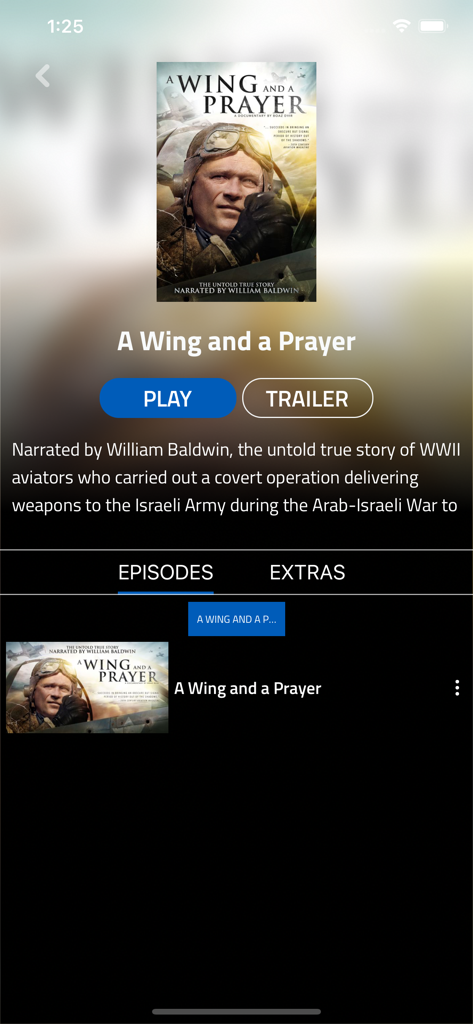 Movie details page for the documentary A Wing and a Prayer on the SalemNOW app